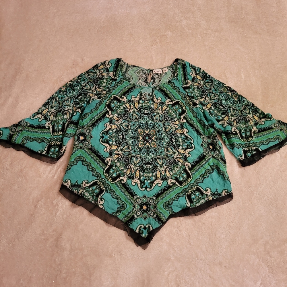 Women's Blue And Green Tribal Half Sleeve Blouse, Size XL